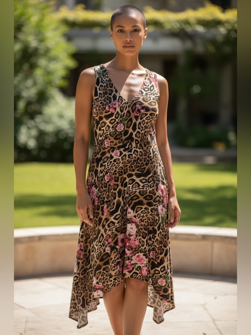 INC International Concepts Leopard Print High-Low Dress with Pink Floral Accents